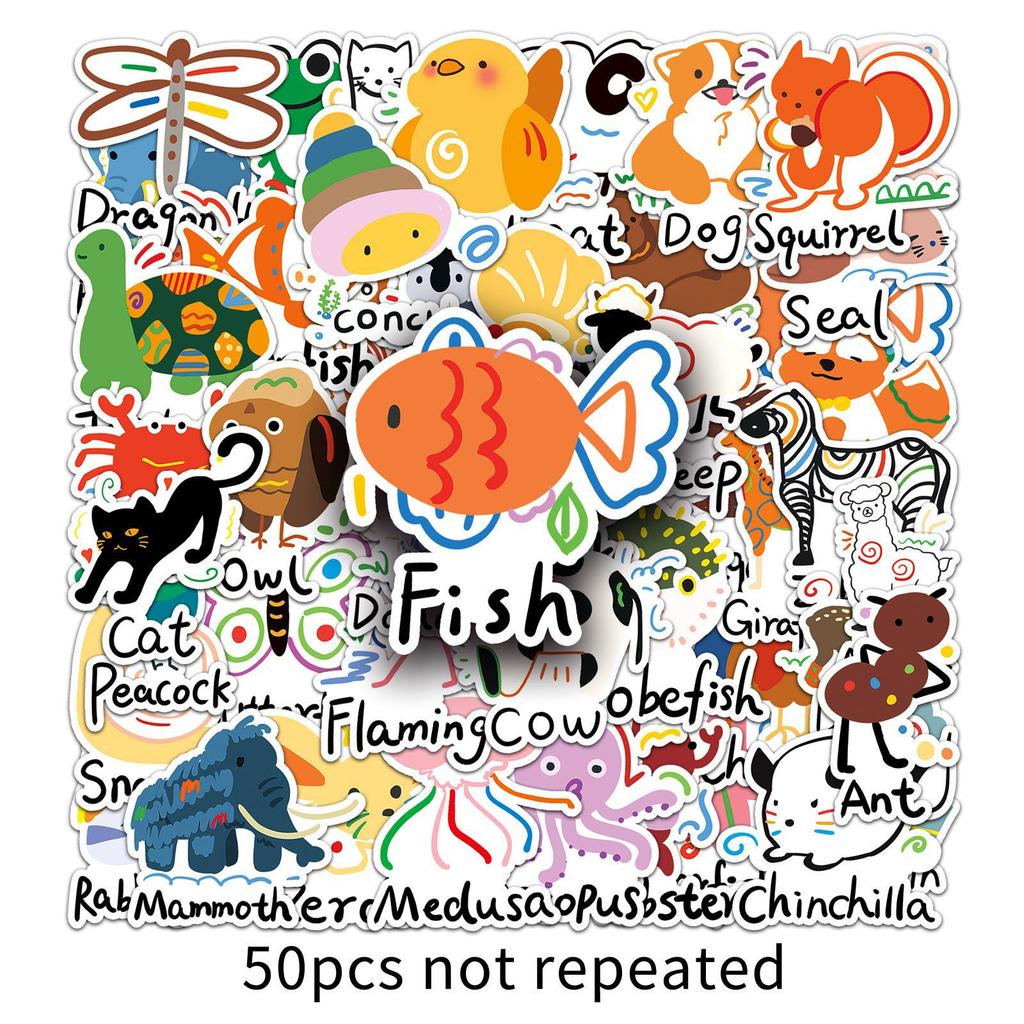 50 Cute Hand-Drawn Animal Cartoon Stickers for Skateboards, Luggage, and Water Bottles