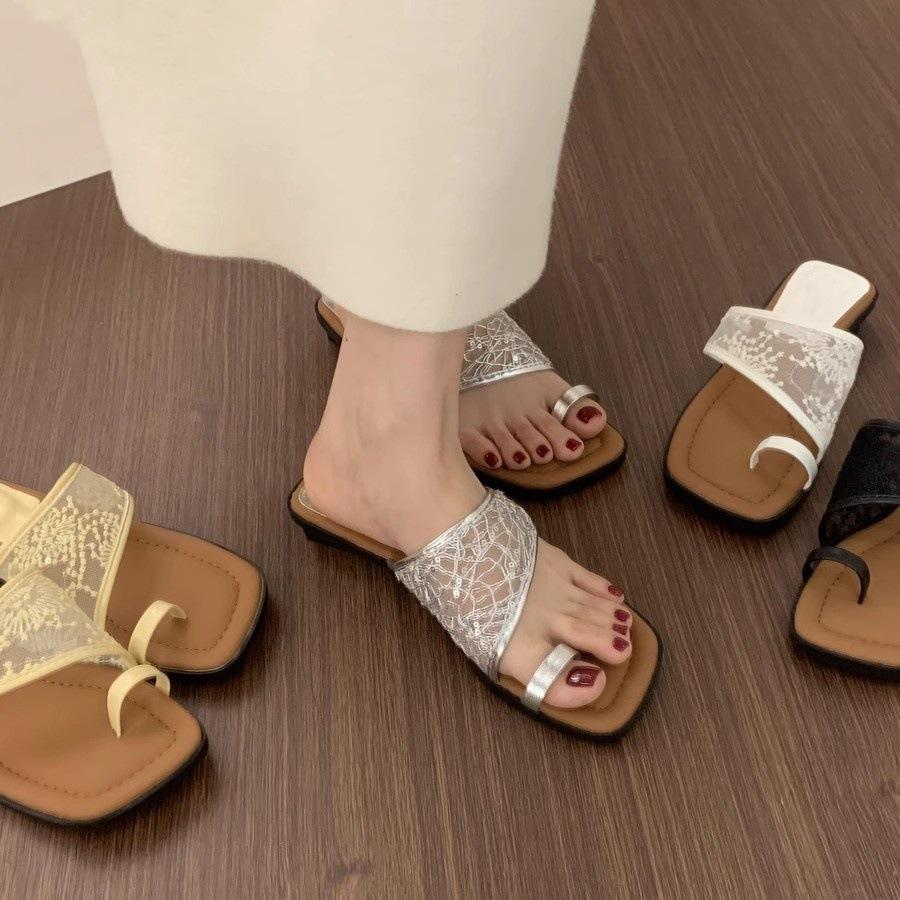 Lace cover toe slippers women are not tired feet small slope heel with skirt beautiful sandals