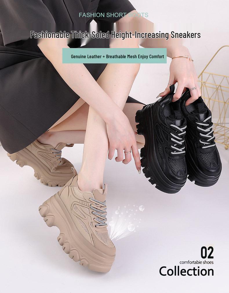 Women's Genuine Leather Height-Increasing Platform Dad Shoes - Breathable, Mesh, Hidden Heel for Autumn & Winter