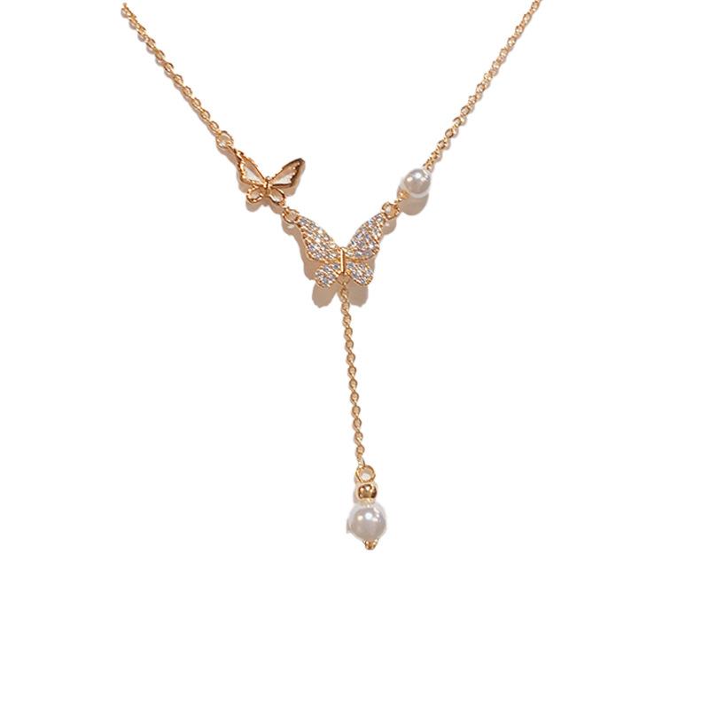 Gold Butterfly Lariat Necklace – CZ Crystal Pearl Dainty Y-Necklace, Elegant Bridal/Everyday Jewelry for Women золотой