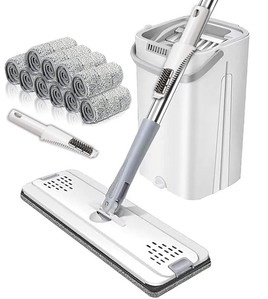 Cyoua Wet Mop Floor Mop Mop Wipe Cleaning Flat Mop with Mop Wringer and Bucket 10 Replacement Mop Pads No Hand Washing Required Wet and Dry Use Mop