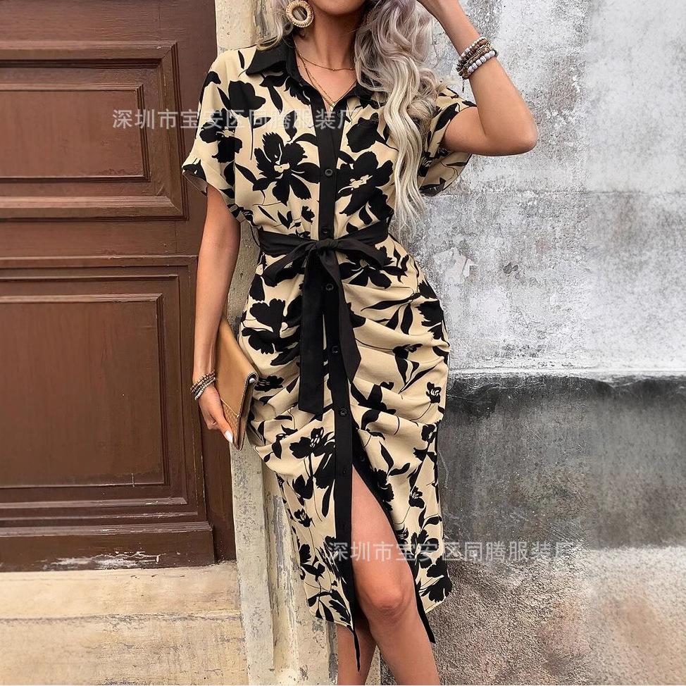 European And American New Elegant V-Neck Button Print Sexy Waist Medium And Long Dress