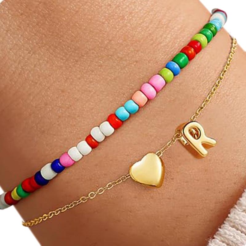 Double Layer Heart Beaded Bracelet Feature Initial Charm Letter Fashion Copper Jewelry Gift For Teen Girls Women