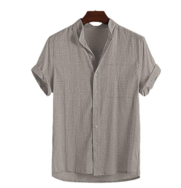 

European Size Men s Cotton Linen Short Sleeve Solid Color Casual Cardigan Shirt with Turn-Down Collar XXXL