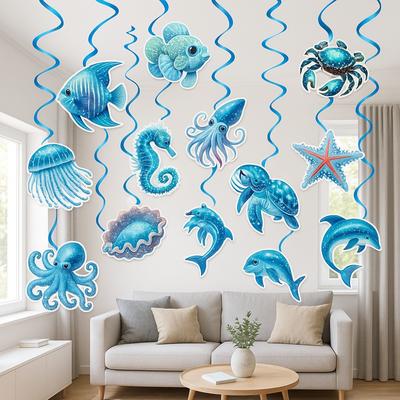 12pcs Paper Summer Ocean Hanging Flag Waterproof Ocean Theme Pendant  Party Favors