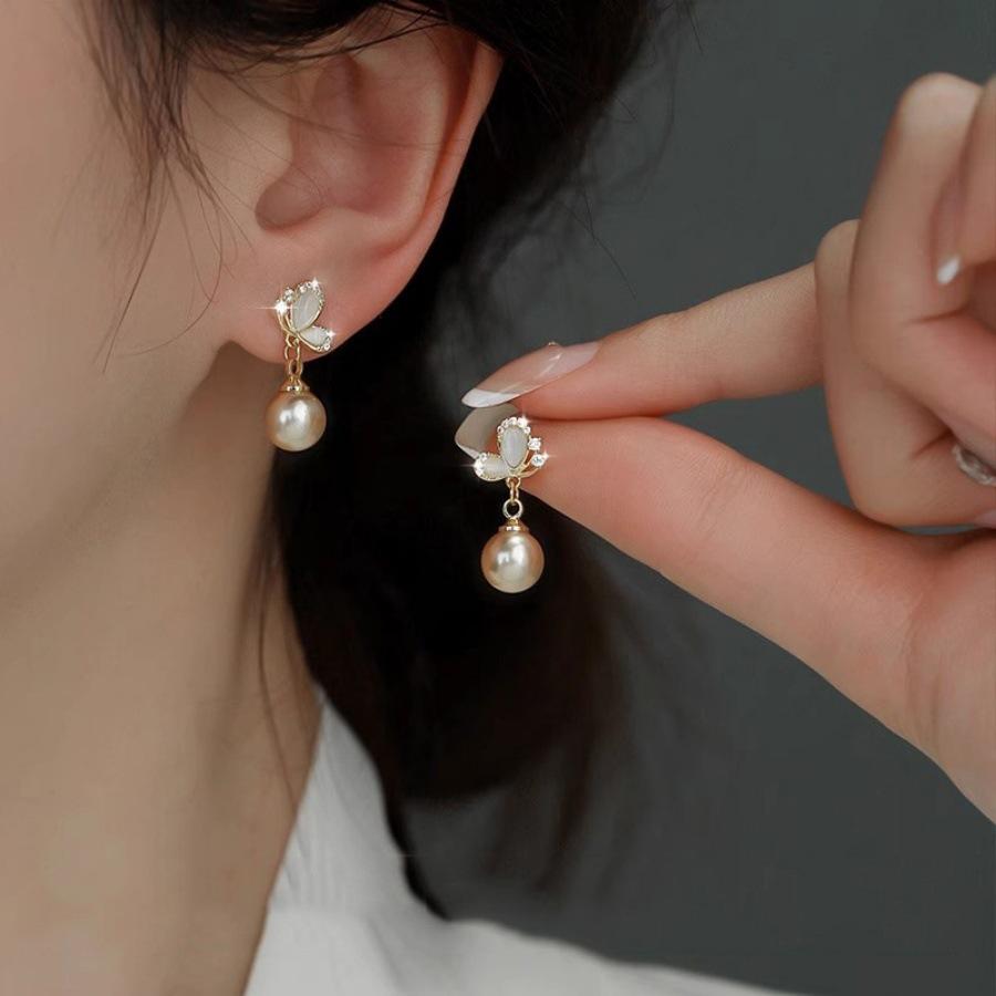 Korean opal butterfly pearl stud earrings simple ear jewelry