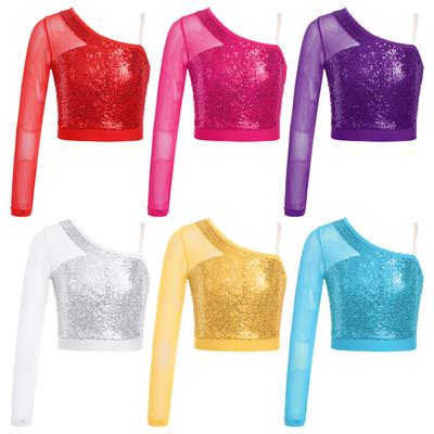 Detské Dievčenské Flitre Tanečný top Priesvitná sieťovina Dlhý rukáv Jedno rameno Zips Crop Top pre súťaž na pódiu
