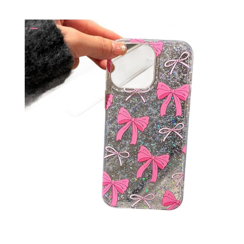 New Glitter Pink Bow Suitable for Apple 16 Mobile Phone Case for Women Iphone15pro Anti Fall 14tpu Protective Case 13