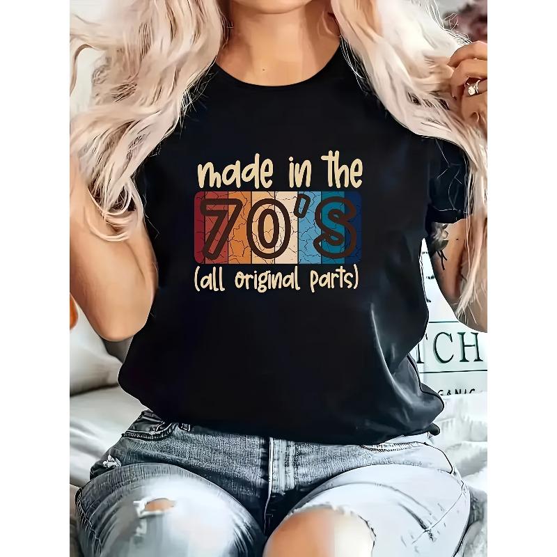 

European sizes Women S Retro 70 S Graphic Tee Casual Crew Neck Short Sleeve T-Shirt, Summer & Spring Fashion Top 4XL чорний