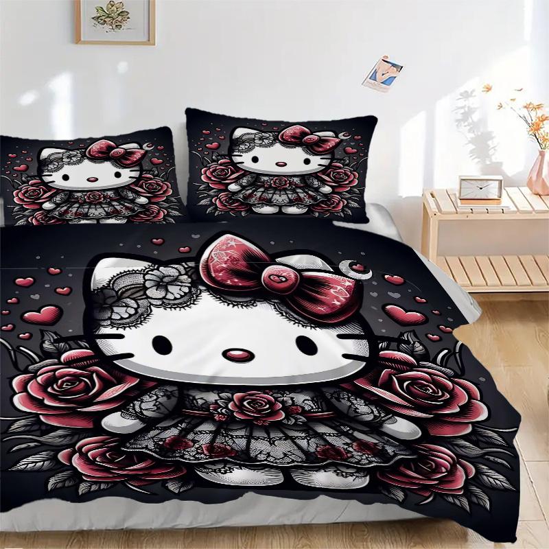 3pcs Rose Hello Kitty Printed Duvet Cover Set (1 * Cover+2 * Pillowcase, Without Core), Suitable for Home Bedroom, Guest Room, Dormitory Decorati 135x200cm