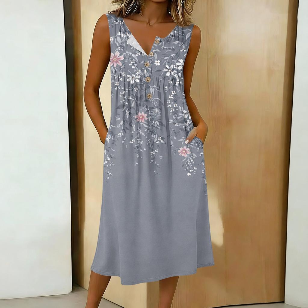 Women's Casual Sleeveless Button-down Mid-length Dress