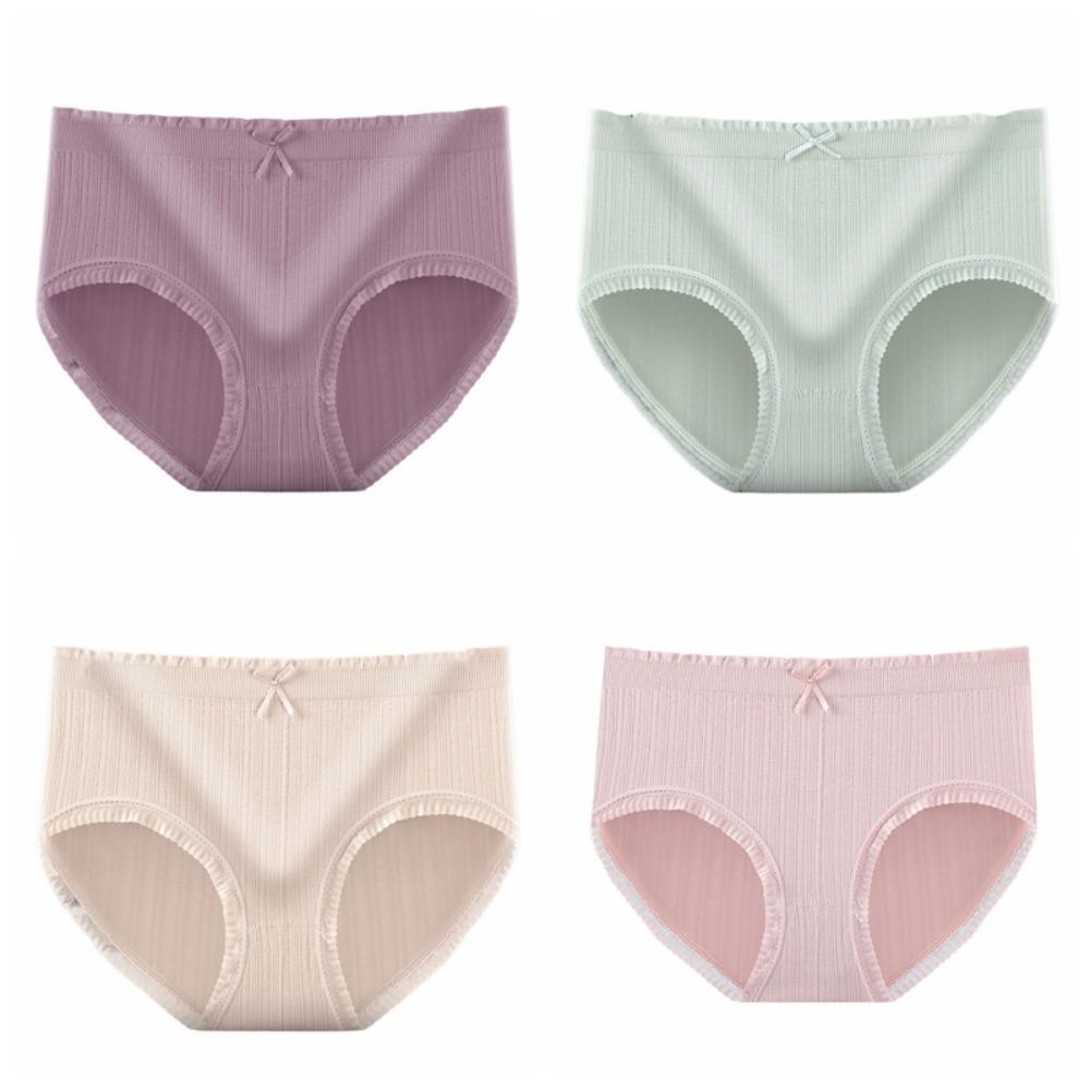 4Pcs Mid Waist Seamless Briefs Cotton Crotch Underwear for Women Fashion Lace Bowknot Panties  Lady
