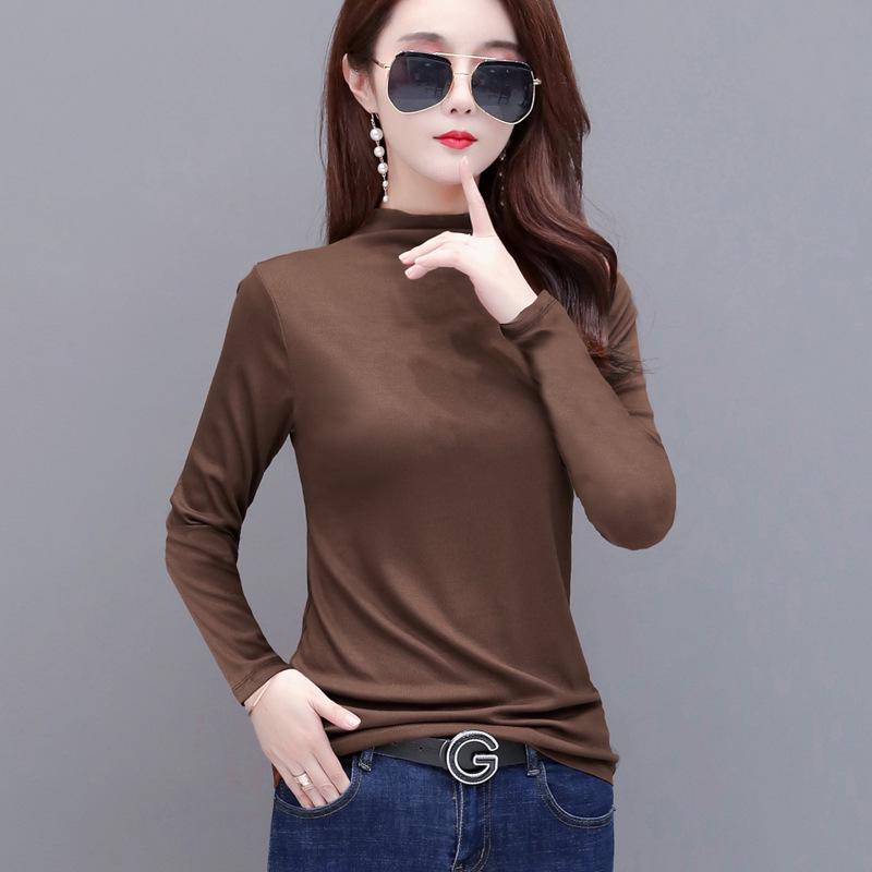 Women's Long Sleeve Modal T-Shirt: Loose Fit, Slimming, Half Turtleneck, Stretchy, Large Size, Perfect for Spring and Autumn.