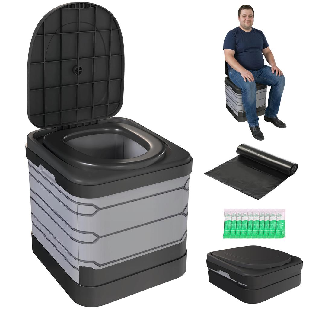 Camping toilet, foldable travel toilet up to 150 kg, with 12 coagulant powder packets, 12 disposal bags, 42 x 46 x 43.5 cm, grey
