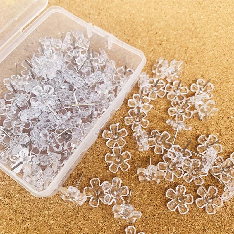 100Pcs Clear Flower Head Push Pins for Display Picture Note Memos Poster Cork Notice Board Pins Decorative Thumb Tacks