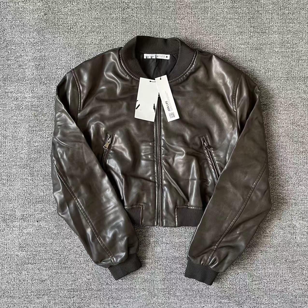 

2024 Women s Autumn/Winter Casual Motorcycle Leather Zipper Jacket XS кофейный
