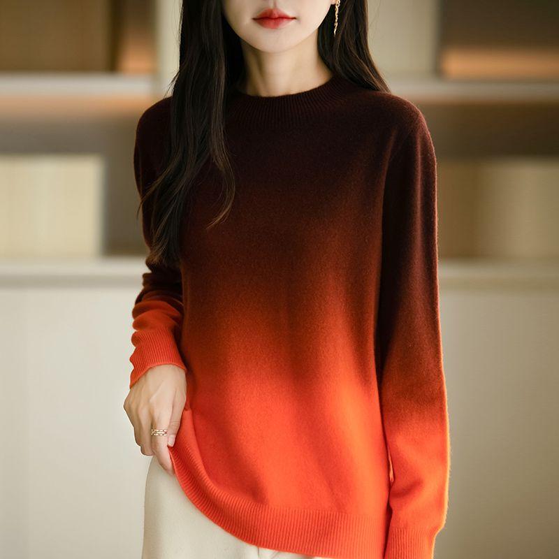 Autumn Winter Round Neck Solid Color Pullover Lantern Long Sleeve Women's Clothing Sweater Knitted Gradient All-match Tops