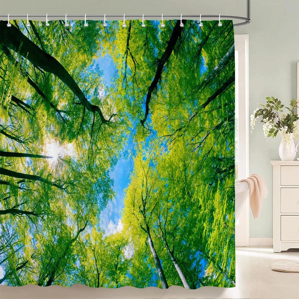 Forest Scenery Printed Fabric Shower Curtains Autumn leaves Tree leaf Bath Screen Waterproof Products Bathroom Decor with Hooks