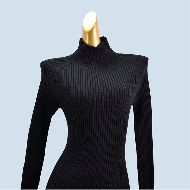 High Collar Pure Color Minimalist Silm Soft Glutinous Knitting Female Fall and Winter Inner Match Slimming Sunken Stripe Elastic Dress
