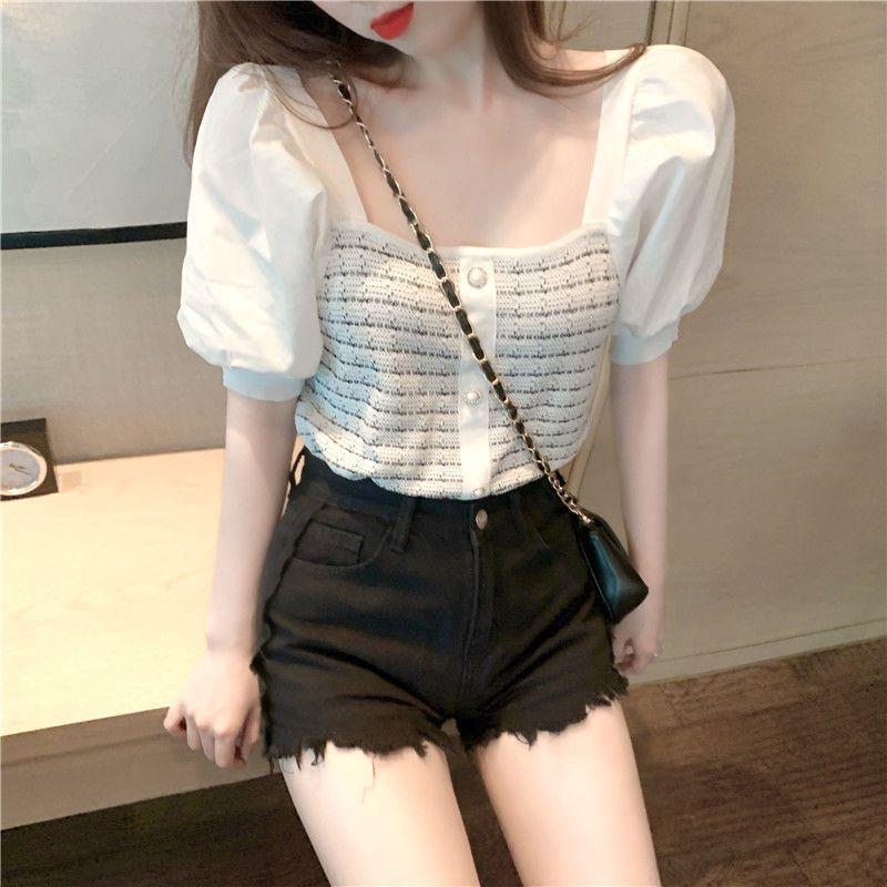 New Style Short-sleeved Spliced puff Sleeves Ice Silk Women's Slim Square Collar Knit Top