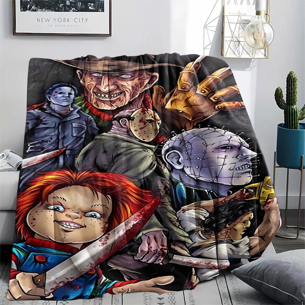 1 szt. Koc flanelowy z nadrukiem z filmu grozy, Wysokiej jakości, Wygodny na wszystkie pory roku, Wystrój domu, Ciepło i komfort, Idealny na prezenty świąteczne