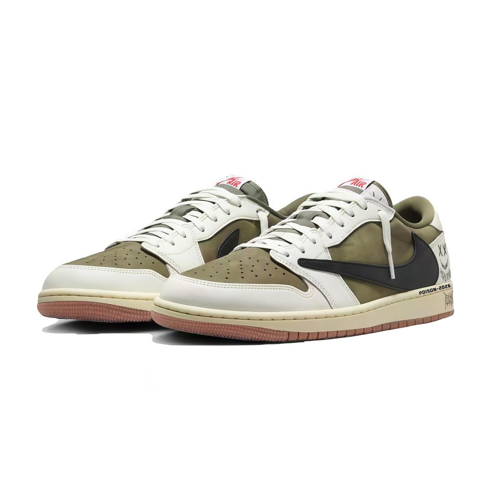 Travis Scott x Jordan Air Jordan 1 Graffiti Olive Barb Slijtvast Ademend Lage top Vintage Basketbalschoenen DZ4137-700(Team1510-)