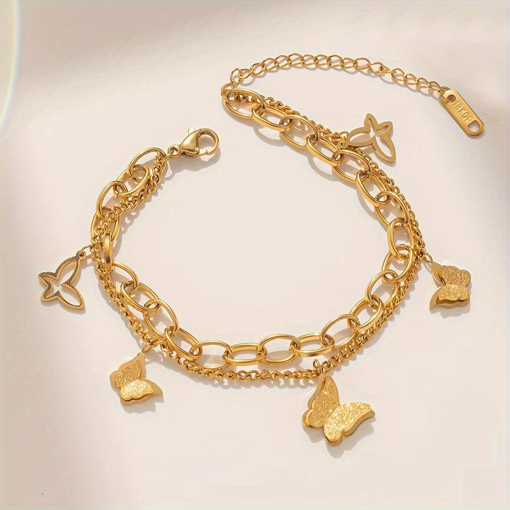 Elegant Vintage-style Stainless Steel Layered Bracelet with Unique Butterfly Accents Is Perfect for Everyday Wear