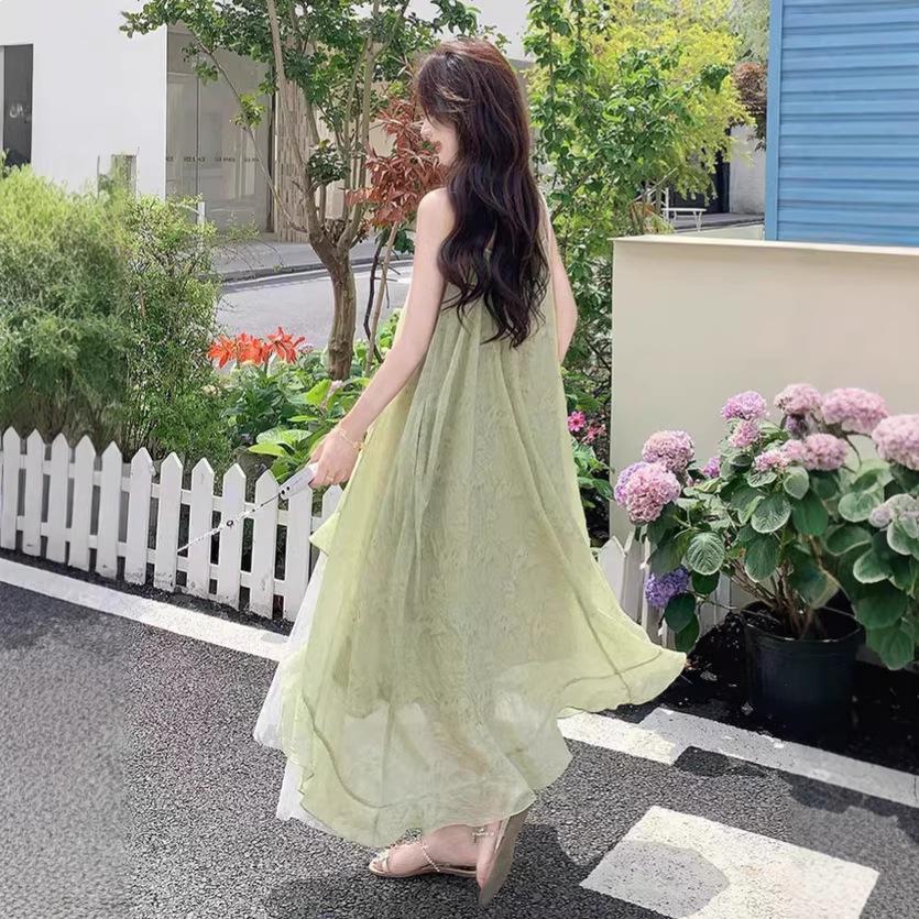Mori Wizard of Oz Vacation Wind Lace Splicing Suspender Dress Women's Summer New Romantic Unique Beautiful Long Dress