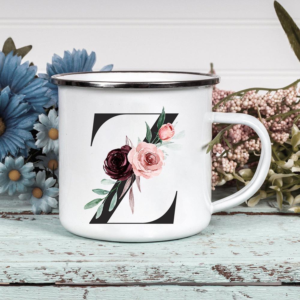 Alphabet Blumen A-Z Vintage Emaille Kaffee Tee Tassen Urlaub Camping Getränke Saft Bier Tassen Zuhause Büro Milch Tasse Geburtstagsgeschenke
