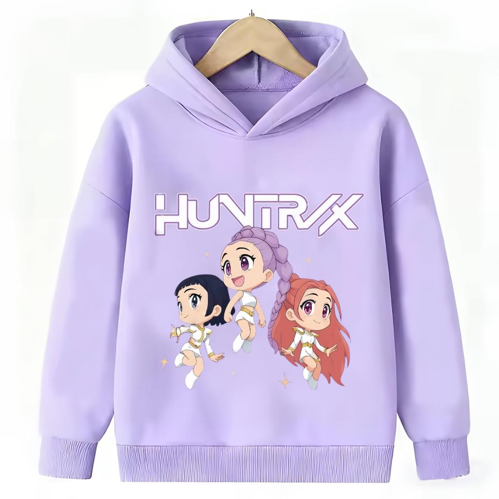 KPop Demon Hunter Cartoon Girls Boy Hooded Sweatshirt Warm Children's Purple Sweatshirt Fashion Casual Tops Girls Clothing