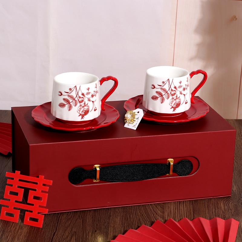 Chinese Sunset Rose Ceramic Coffee Cup High Value Gift Cup Saucer Set Gift Box Wedding Birthday Gift