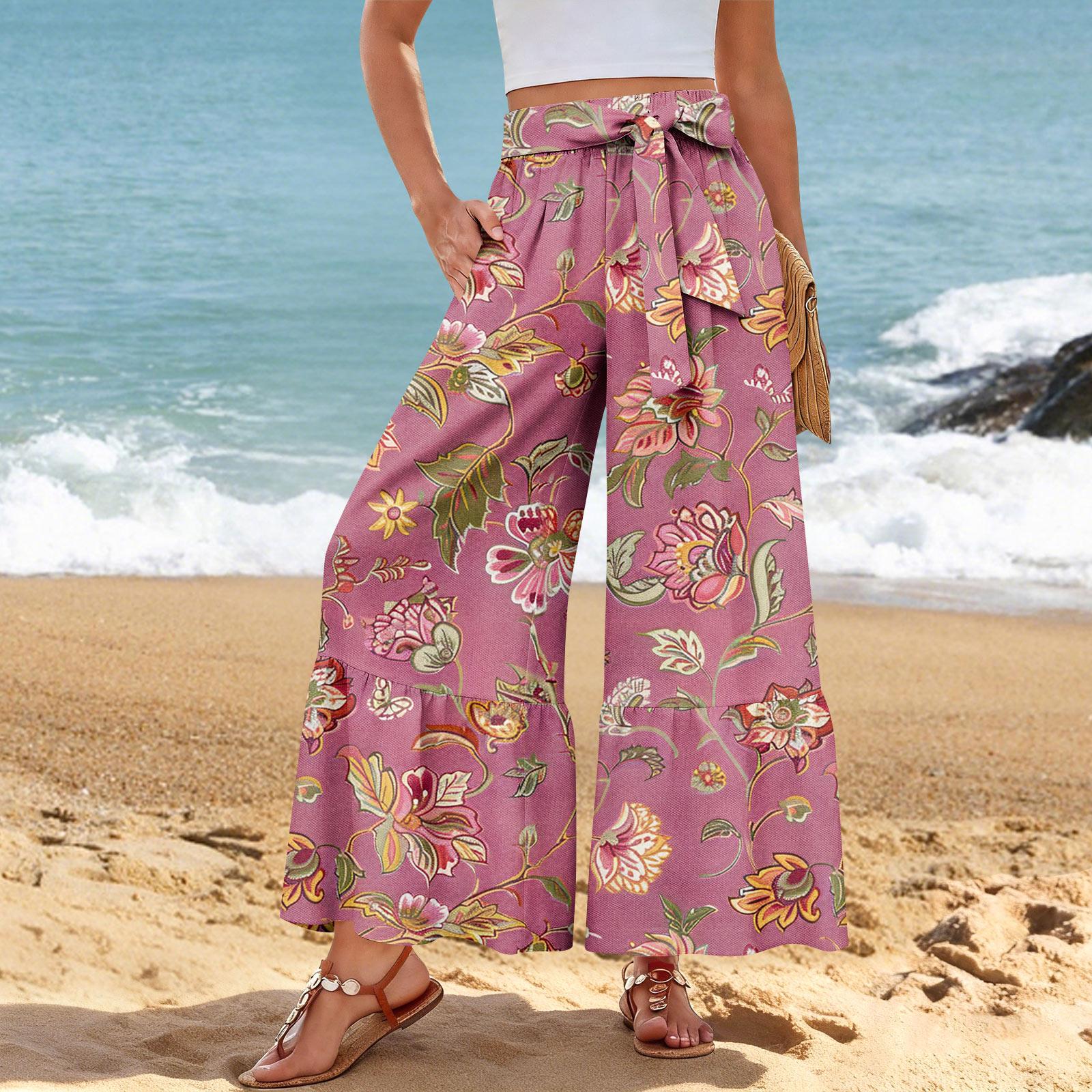 

Women s Wide-Leg Casual Pants, Stretch, High Waist, Ruffled Hem, Wide Legs, Belted, And Pockets L рожевий