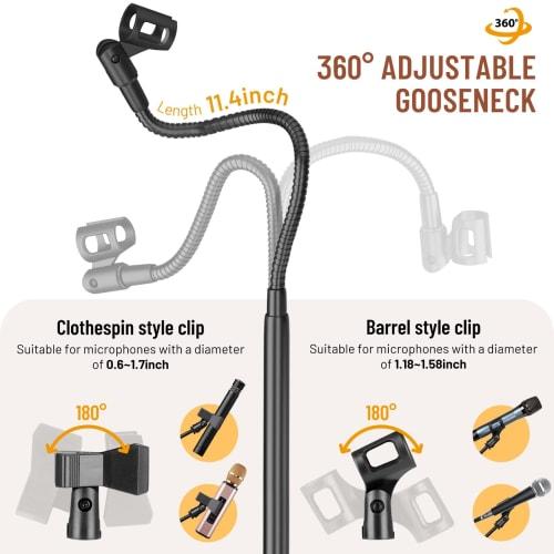 CAHAYA [Latest 2-Way Design with Cell Phone Holder] Gooseneck Microphone Stand, Straight, Height Adjustable from 83-187cm, Includes 1 Gooseneck Arm, 1