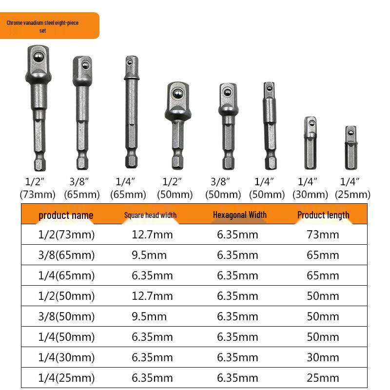 Hex Shank to Square Socket Adapter Set: 1/4, 3/8, 1/2 Inch Extension for Air/Electric Wrenches