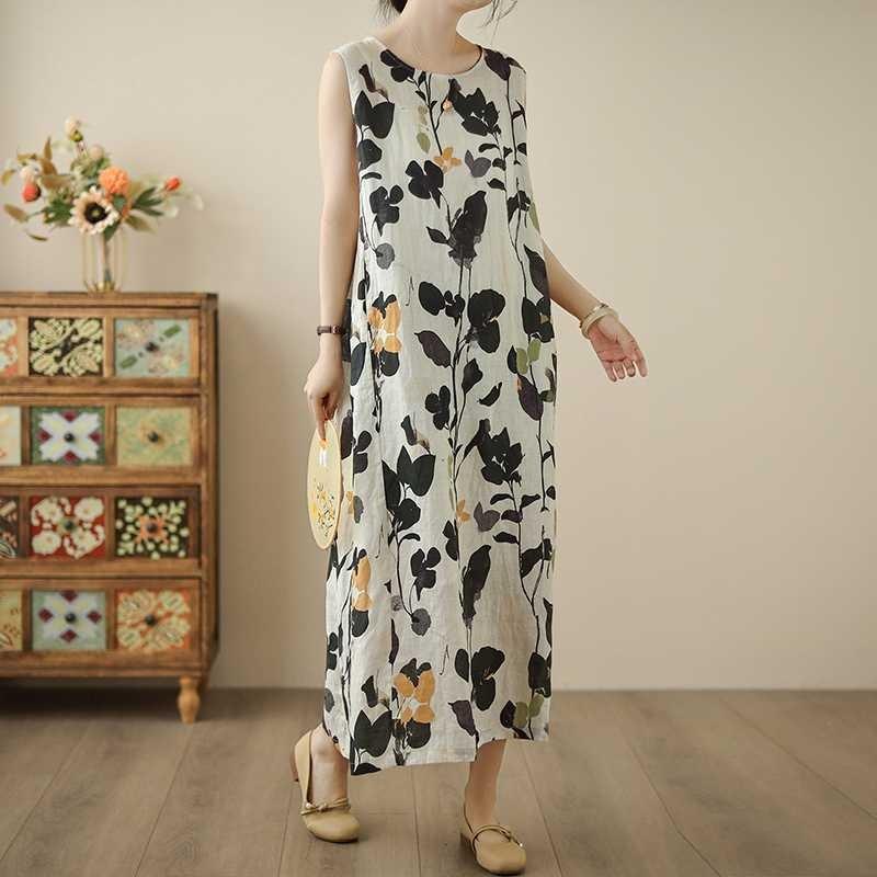 Summer New Original Women's Clothing Seaside Vacation Cotton and Linen Printing Long Dress Sleeveless Dress Long Vest Skirt Long Dress