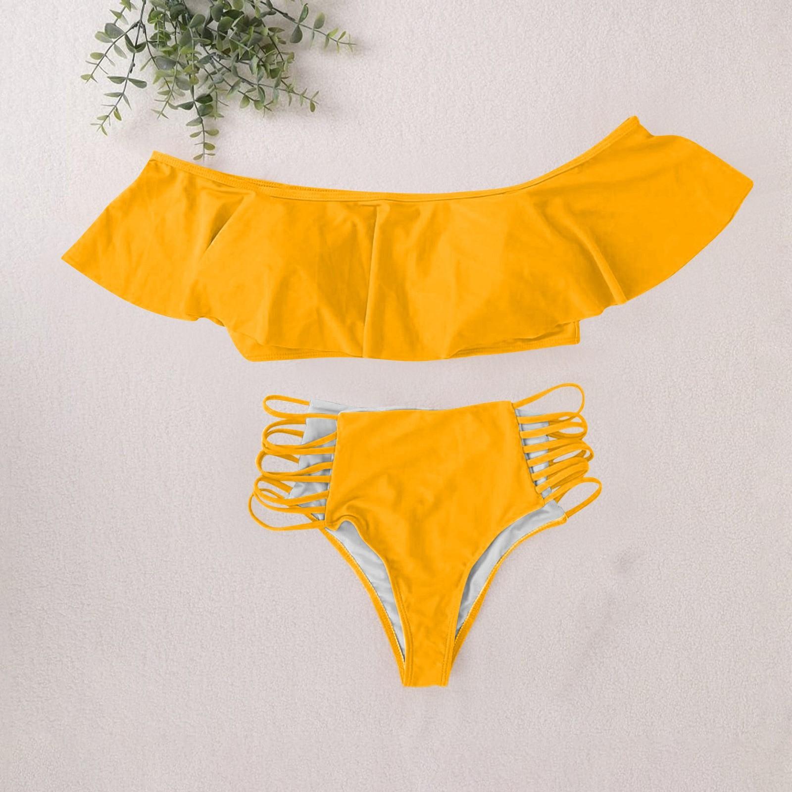 

Женский модный однотонный раздельный купальник с открытыми плечами и оборками, комплект из 2 частей, пляжный купальник-бикини XL жёлтый