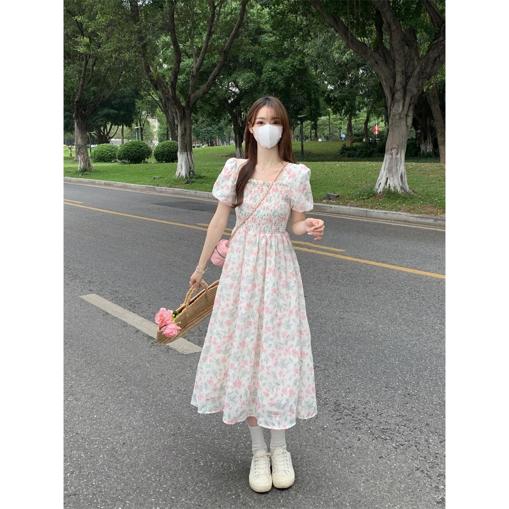 Floral square neck dress women's summer new sweet waist and thin medium and long super fairy first love skirt