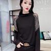 New Mesh Patchwork Diamond Long Sleeved Bottoming Shirt Spring Autumn Half High Neck T-shirt Top M-4XL
