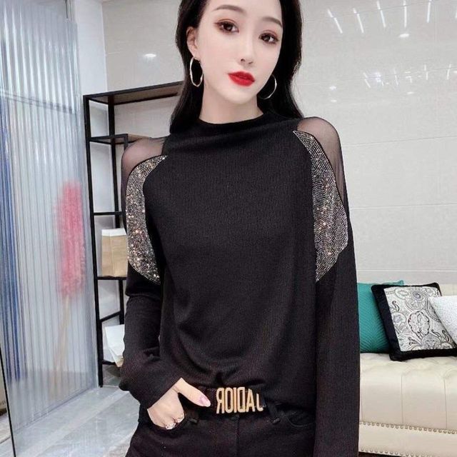 New Mesh Patchwork Diamond Long Sleeved Bottoming Shirt Spring Autumn Half High Neck T-shirt Top M-4XL