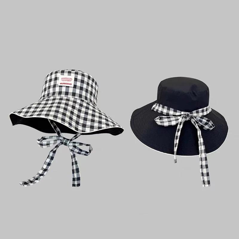 Double-sided Plaid Wide-edged Lace-up Bucket Hat Summer Outdoor Versatile Sunscreen Sweet Contrasting Color Plaid Women's Caps