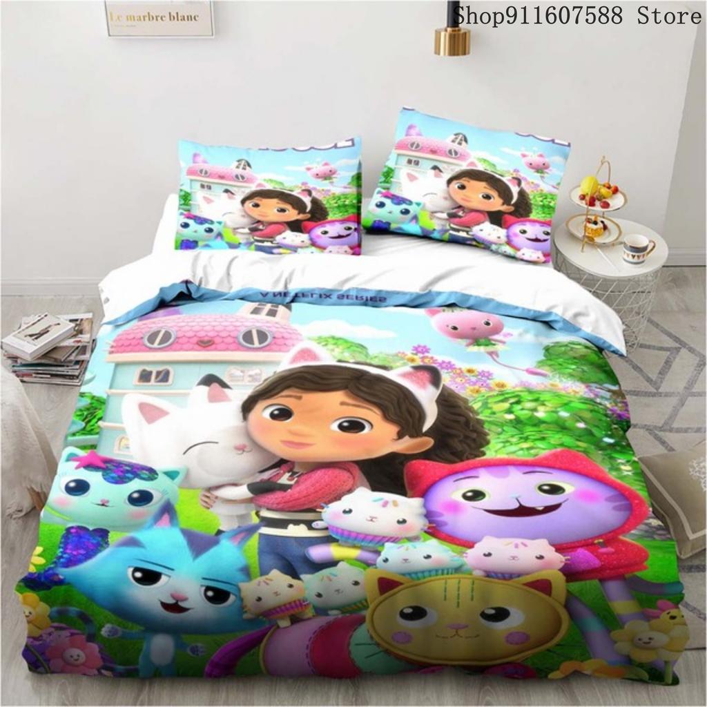 Gabby's Dollhouse Bedding Set Kawaii Bed Linen Set Single Double Size Home Decor For Girls Kids Cartoon Cute Cat Duvet Cover Set