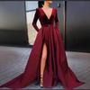 Deep V Long Sleeve Evening Dress for Women with Slit and Large Hem