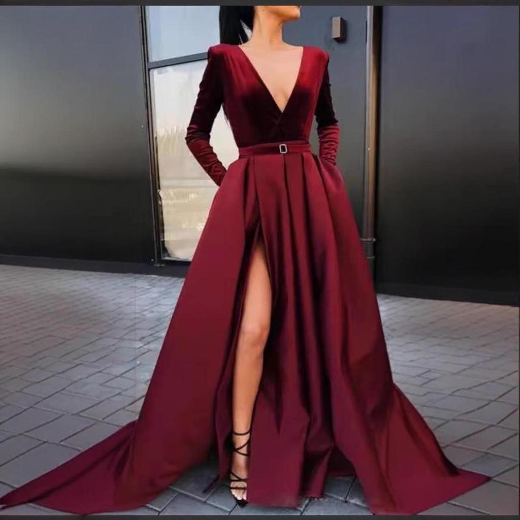 Deep V Long Sleeve Evening Dress for Women with Slit and Large Hem