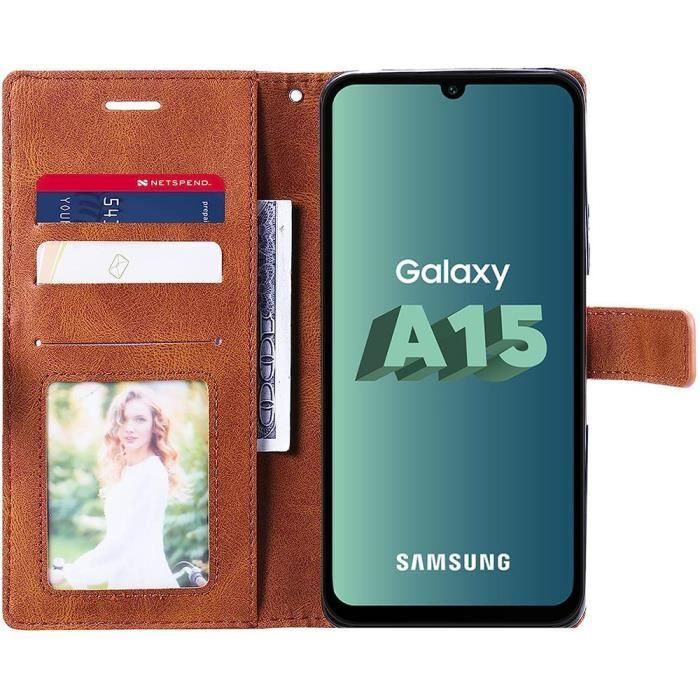 Coque de protection - BOOLING - pour Samsung Galaxy A15 - Cuir PU Marron - 2 Verres Trempés - Élégant et rétro