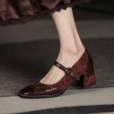 Fashion Genuine Leather Mary Jane Women's Shoes Fashion Retro Buckle Shallow Pumps Square Toe Thick Heel Handmade Shoes Woman Size 34-40