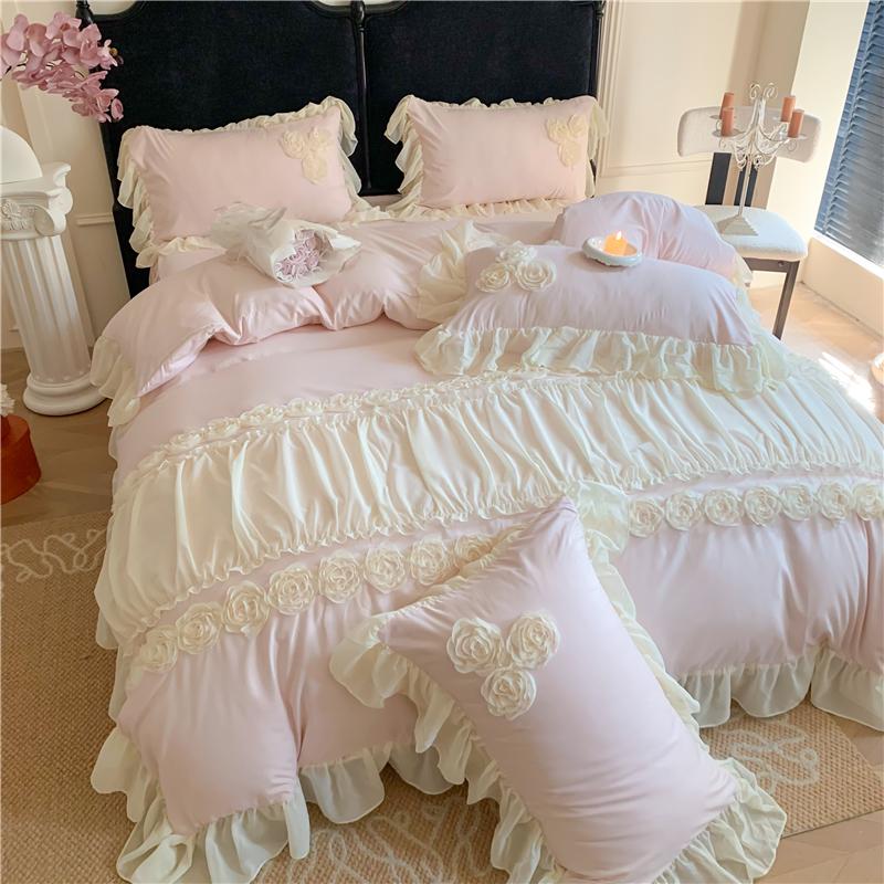 4Pcs Korean Princess Style Flowers Lace Ruffles Bedding Set Queen King Duvet Cover Bed Skirt/Bed Sheet/Fitted Sheet Pillowcase