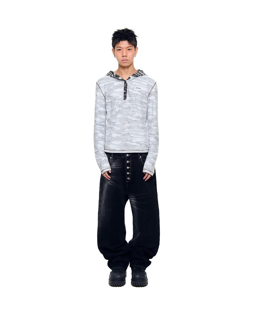 AAKAM Side Washed Button Denim Pants (Black)