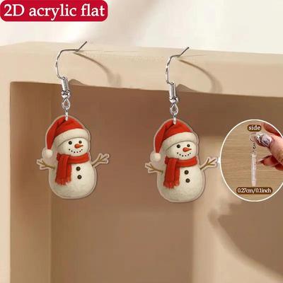 Festive Snowman Earrings: Flat Acrylic with Christmas Hat Design