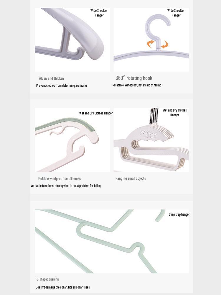Non-slip, no-mark, reinforced plastic clothes hanger with no shoulder bumps for home use and air drying.