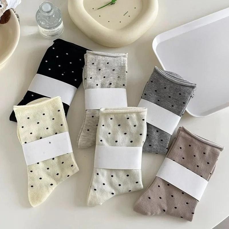 6 Pairs Polka Dot Socks, Cute College Style Rolled Edge Mid Tube Socks, Women S Stockings & Hosiery One Size
